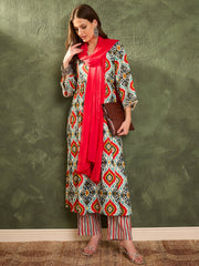 Women Blue & Red Ikat Print Gathered Kurta Set with Dupatta-SHSET96465