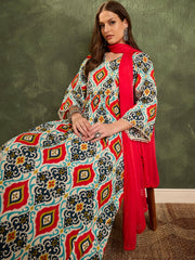 Women Blue & Red Ikat Print Gathered Kurta Set with Dupatta-SHSET96465