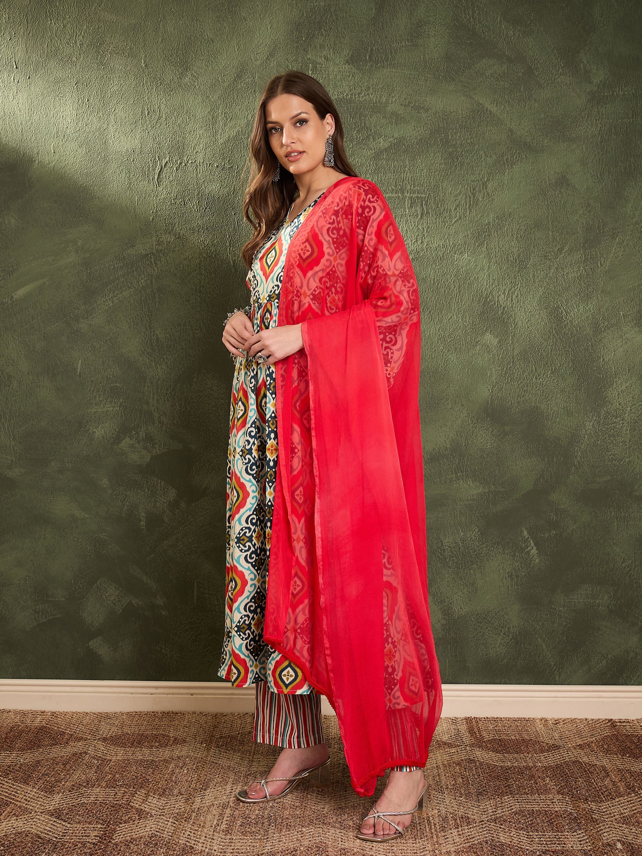 Women Blue & Red Ikat Print Gathered Kurta Set with Dupatta-SHSET96465