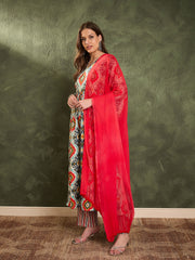 Women Blue & Red Ikat Print Gathered Kurta Set with Dupatta-SHSET96465