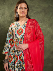 Women Blue & Red Ikat Print Gathered Kurta Set with Dupatta-SHSET96465