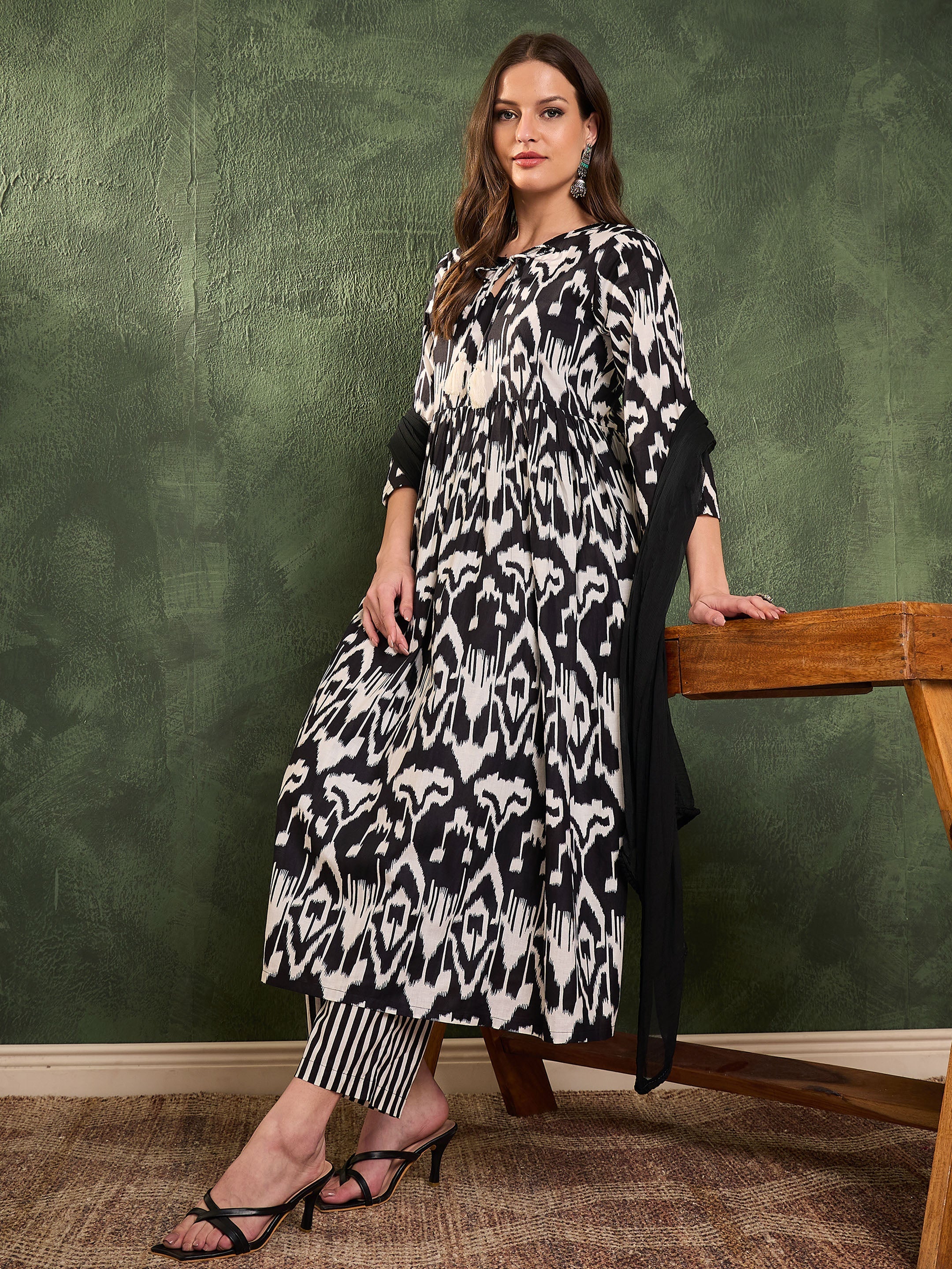 Women Black Ikat Dori Gathered Kurta Set with Dupatta-SHSET96466