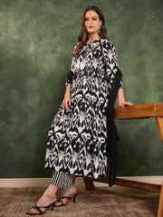 Women Black Ikat Dori Gathered Kurta Set with Dupatta-SHSET96466