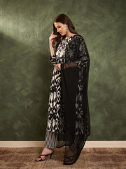 Women Black Ikat Dori Gathered Kurta Set with Dupatta-SHSET96466