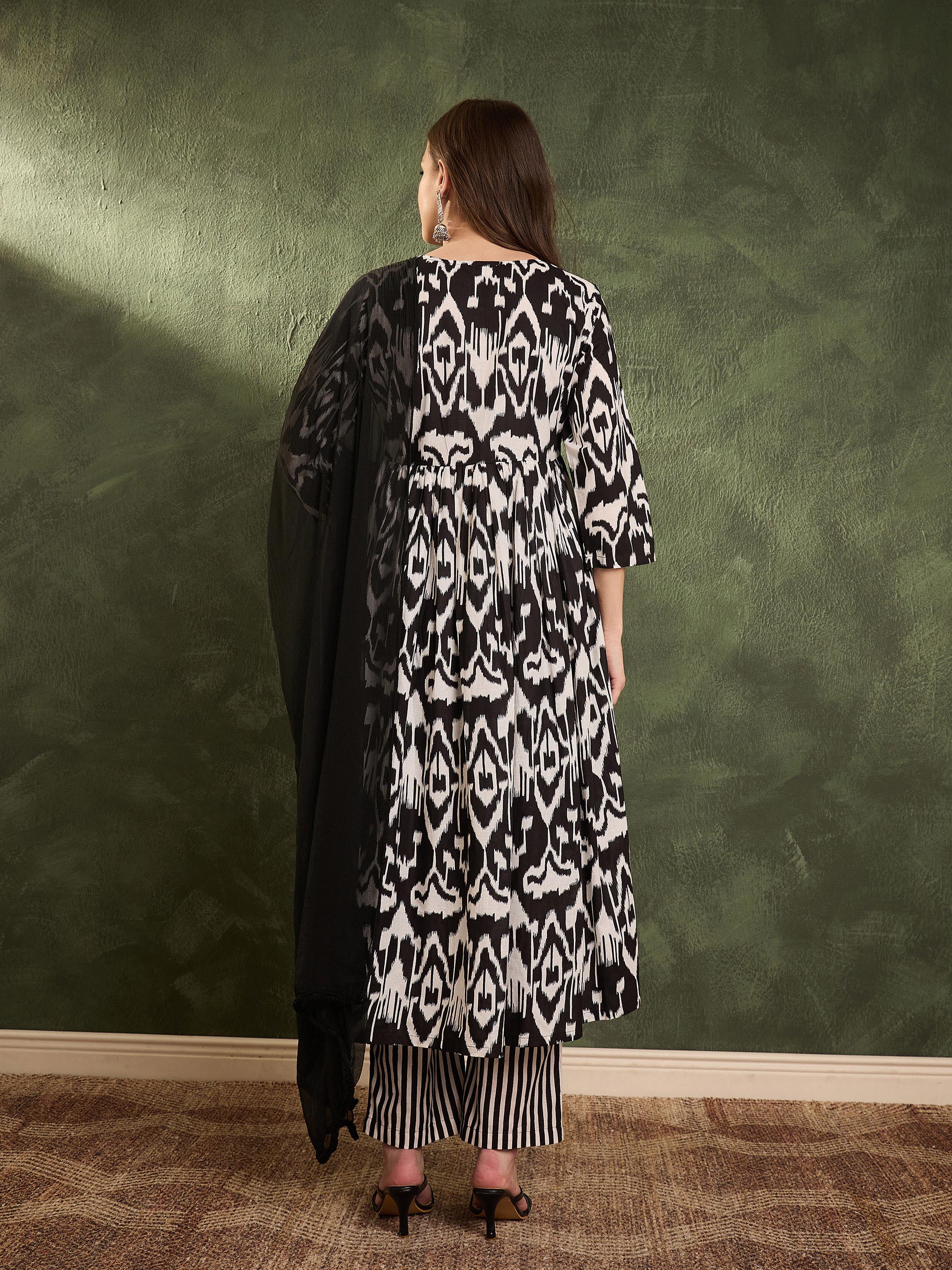 Women Black Ikat Dori Gathered Kurta Set with Dupatta-SHSET96466