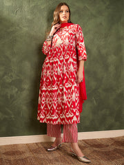 Women Red Ikat Dori Gathered Kurta Set with Dupatta-SHSET96467