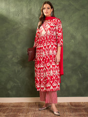 Women Red Ikat Dori Gathered Kurta Set with Dupatta-SHSET96467