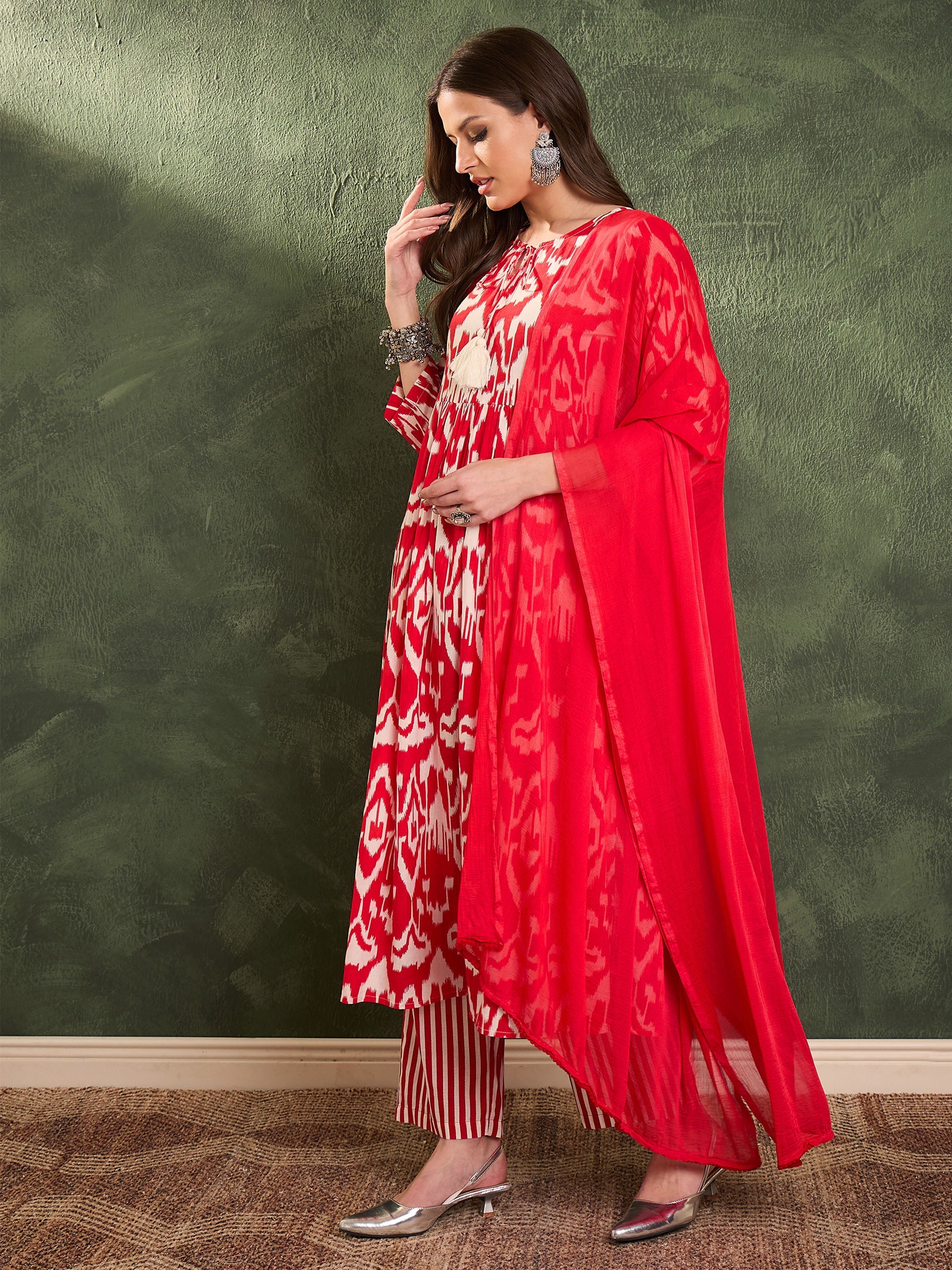 Women Red Ikat Dori Gathered Kurta Set with Dupatta-SHSET96467