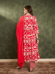Women Red Ikat Dori Gathered Kurta Set with Dupatta-SHSET96467