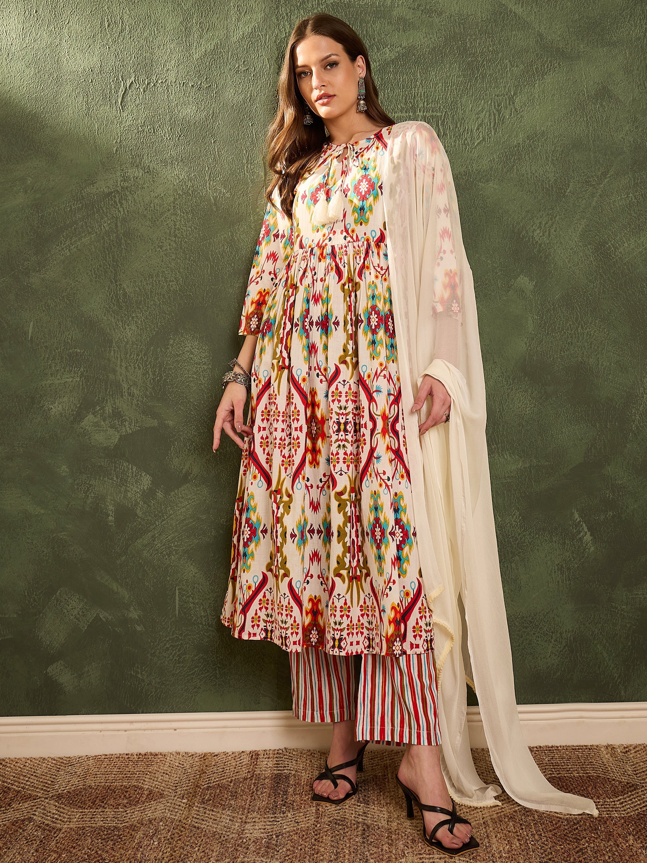 Women Red Multi Ikat Dori Gathered Kurta Set with Dupatta-SHSET96468