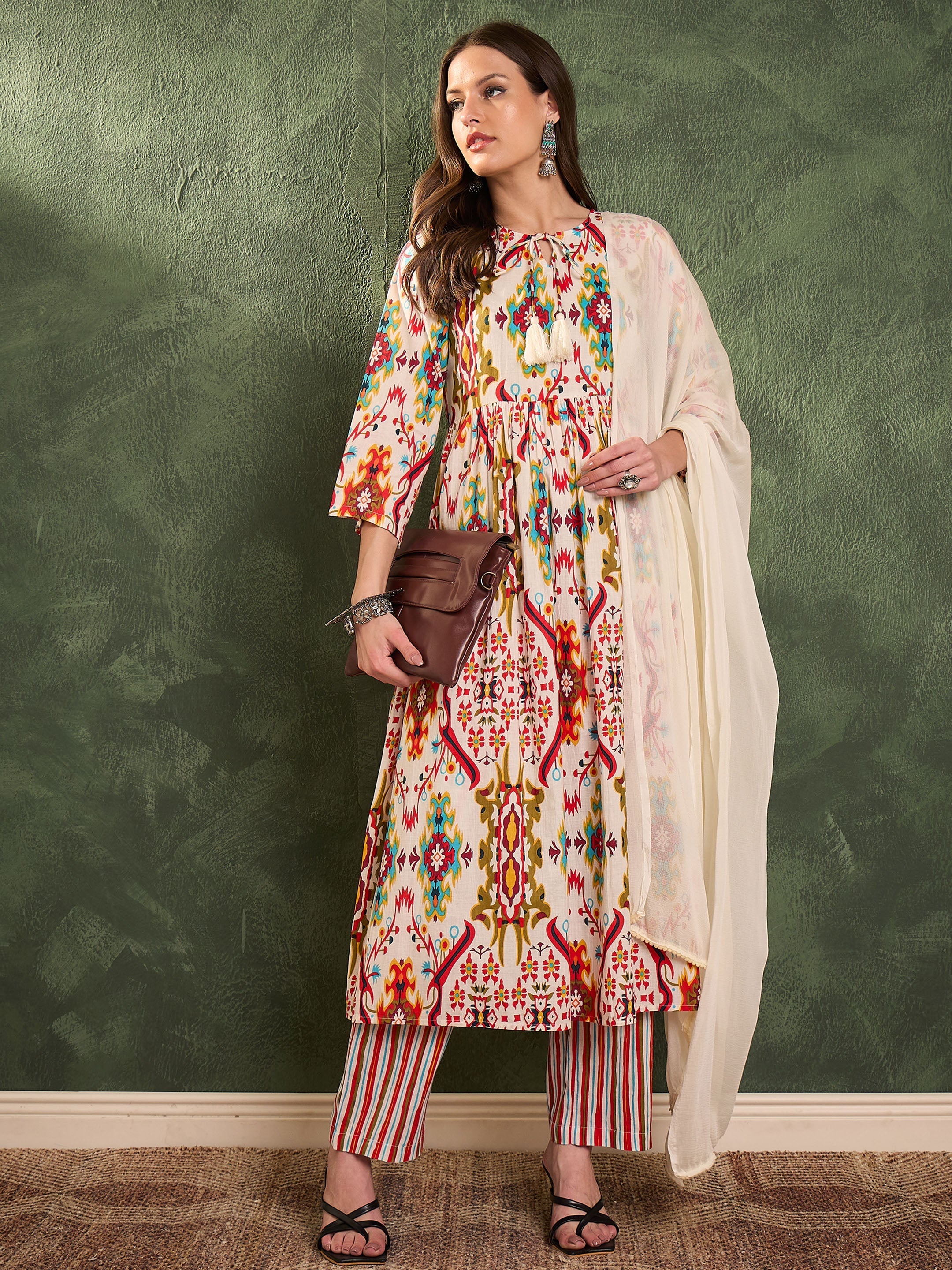 Women Red Multi Ikat Dori Gathered Kurta Set with Dupatta-SHSET96468
