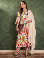 Women Red Multi Ikat Dori Gathered Kurta Set with Dupatta-SHSET96468