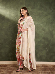 Women Red Multi Ikat Dori Gathered Kurta Set with Dupatta-SHSET96468