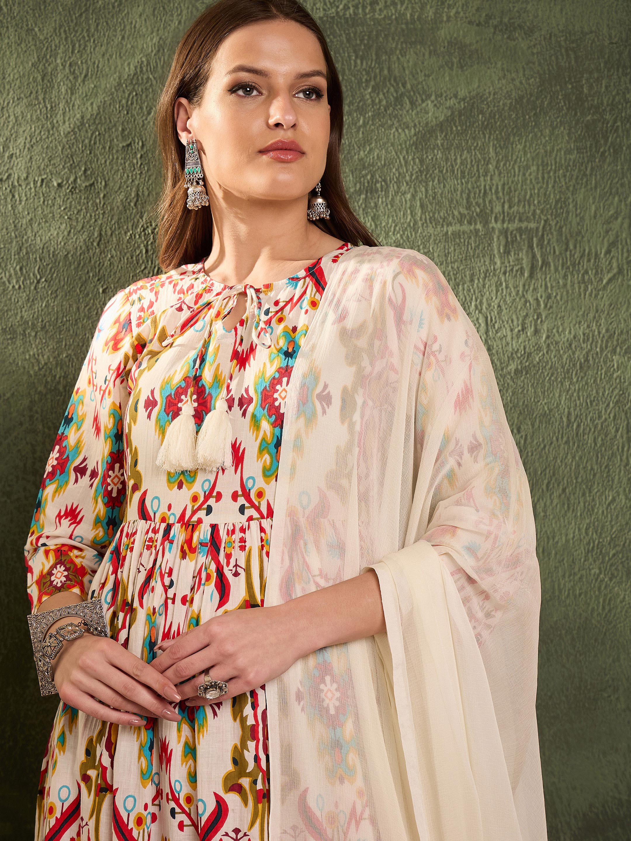 Women Red Multi Ikat Dori Gathered Kurta Set with Dupatta-SHSET96468
