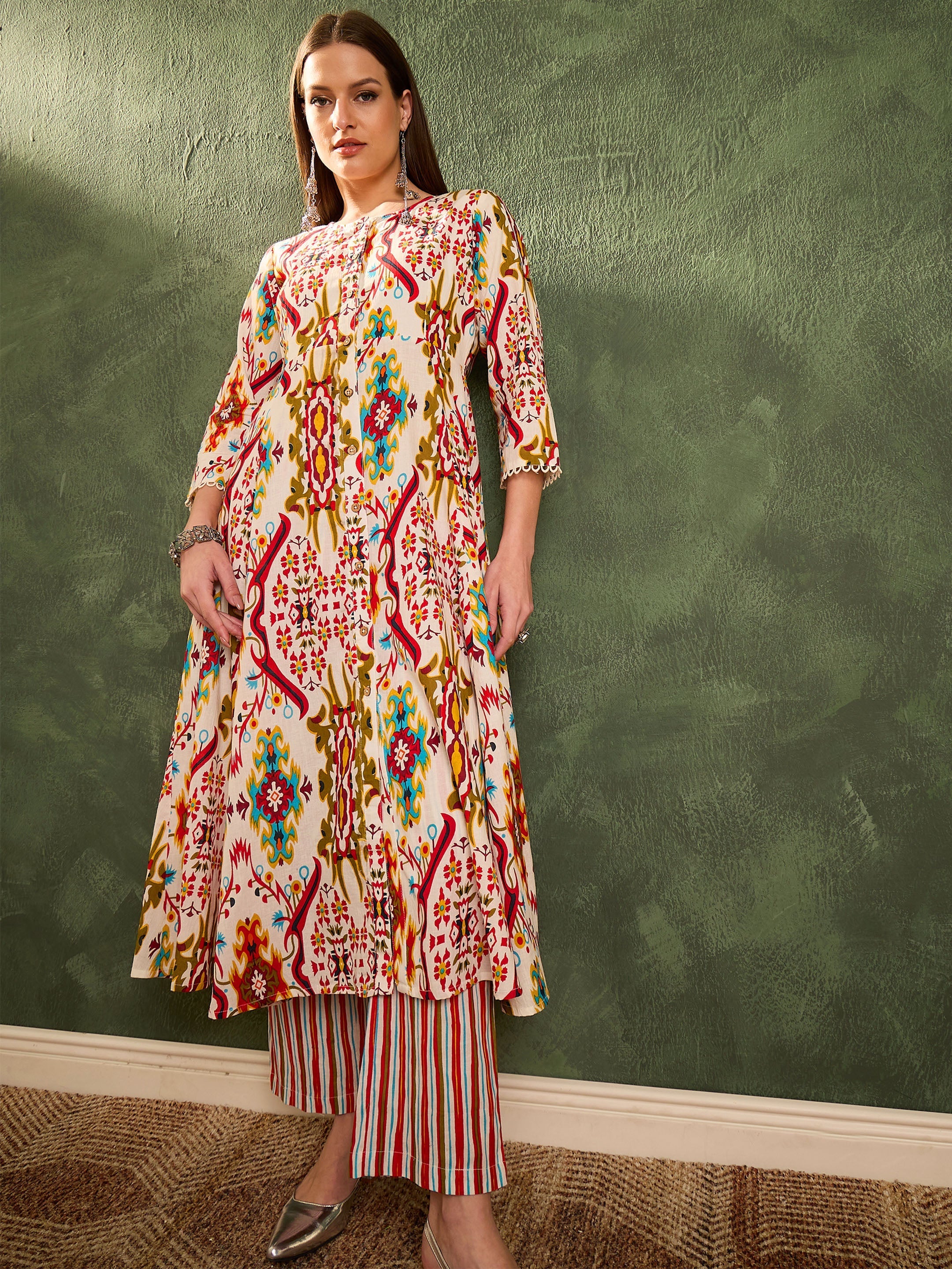 Women Red Multi Ikat Front Button Kurta With Pants-SHSET96469