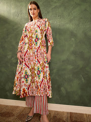 Women Red Multi Ikat Front Button Kurta With Pants-SHSET96469