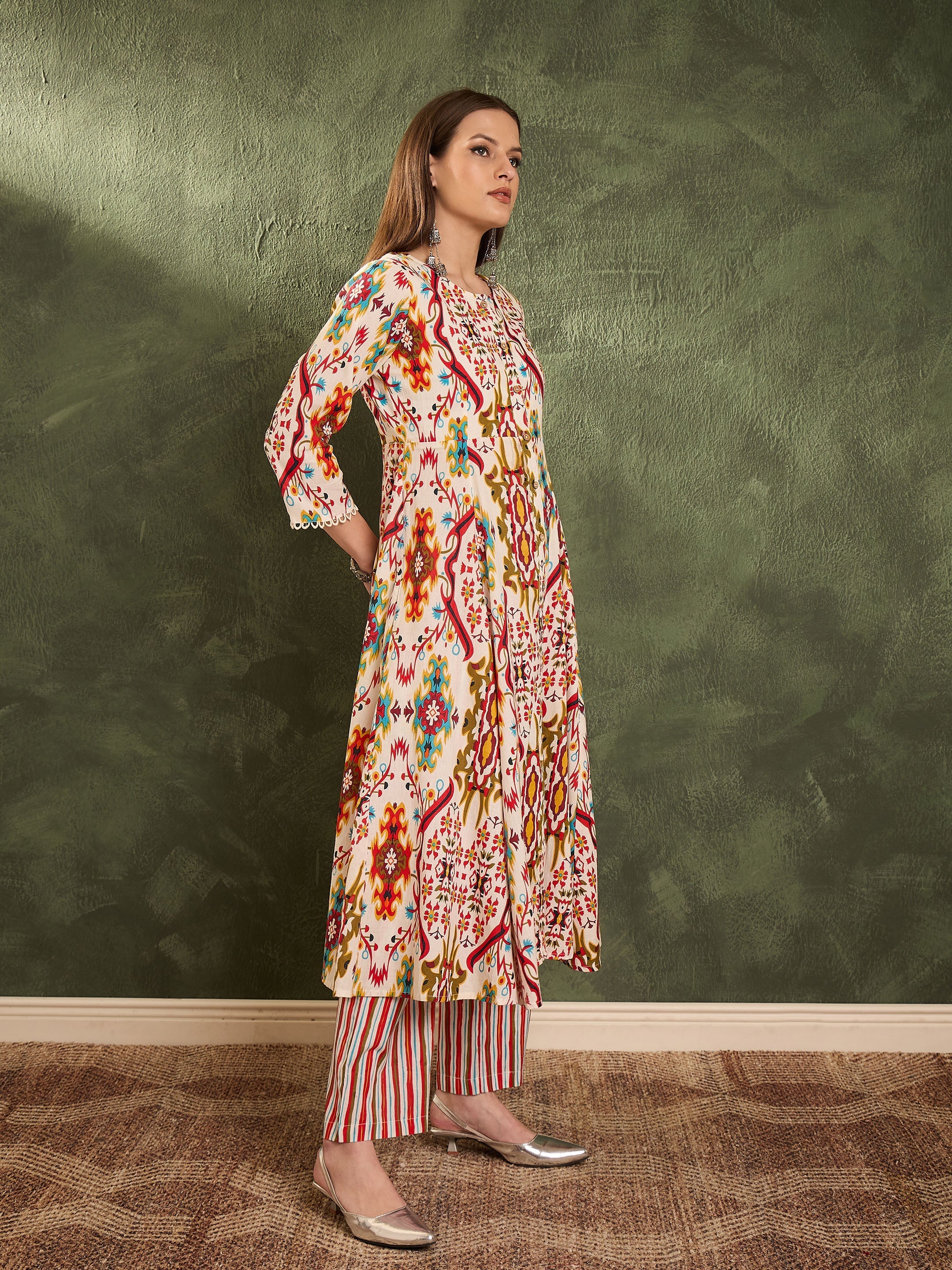 Women Red Multi Ikat Front Button Kurta With Pants-SHSET96469