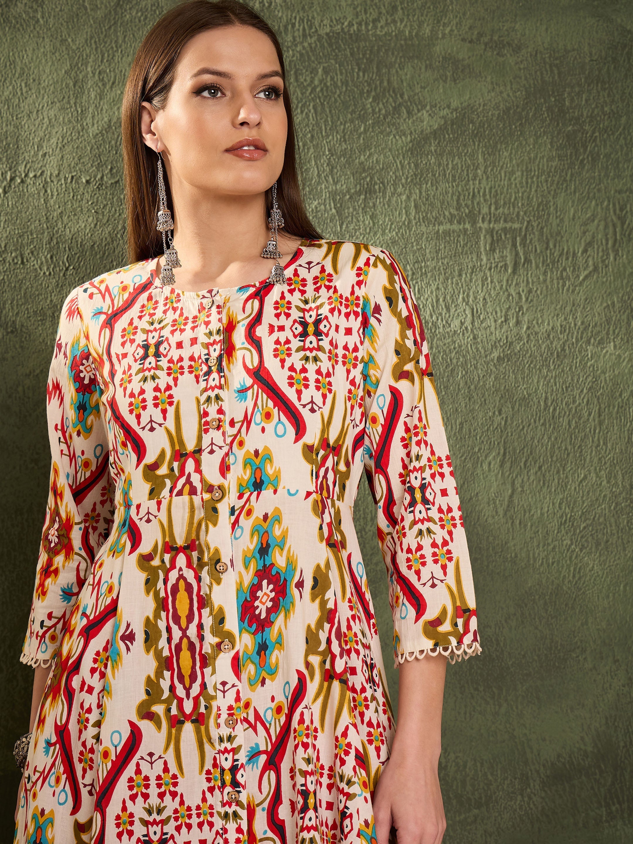 Women Red Multi Ikat Front Button Kurta With Pants-SHSET96469