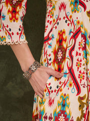 Women Red Multi Ikat Front Button Kurta With Pants-SHSET96469