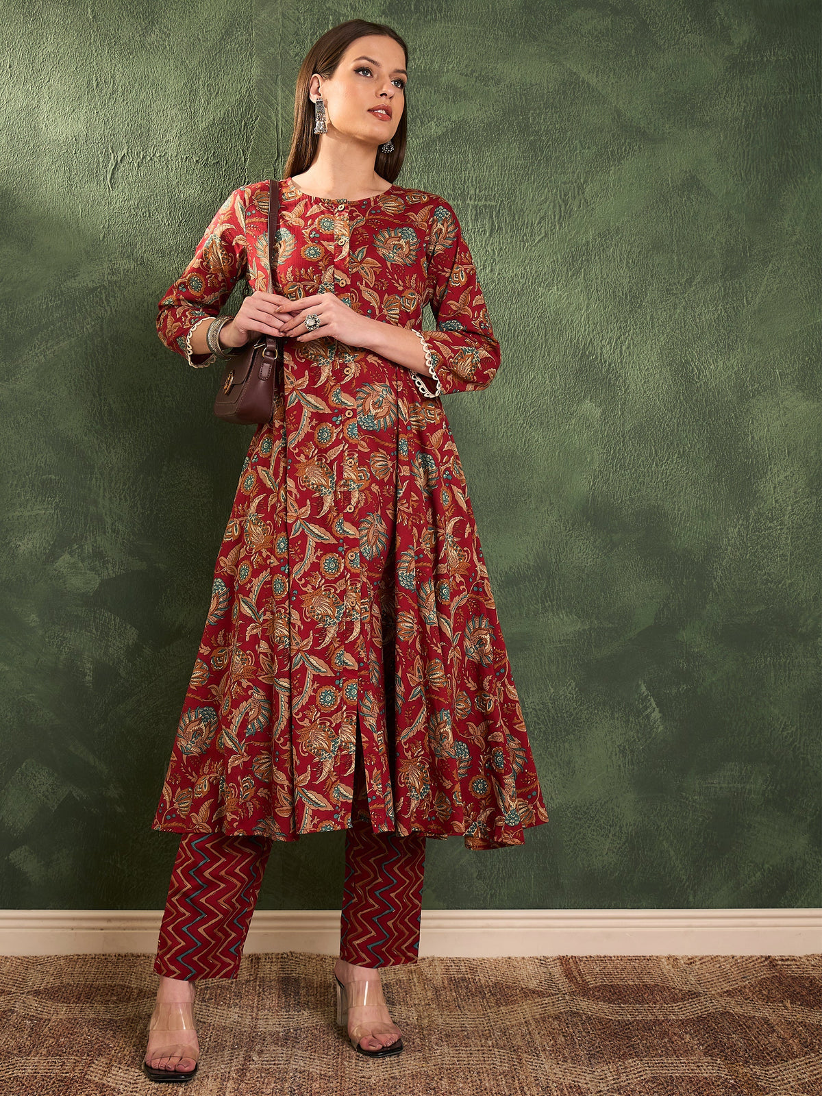 Women Maroon Floral Button Pocket Kurta With Pants-SHSET96470