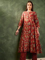 Women Maroon Floral Button Pocket Kurta With Pants-SHSET96470