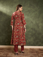 Women Maroon Floral Button Pocket Kurta With Pants-SHSET96470