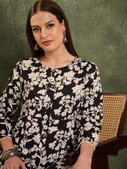 Women Black Floral Button Pocket Kurta with Pants-SHSET96471