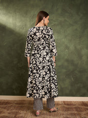 Women Black Floral Button Pocket Kurta with Pants-SHSET96471