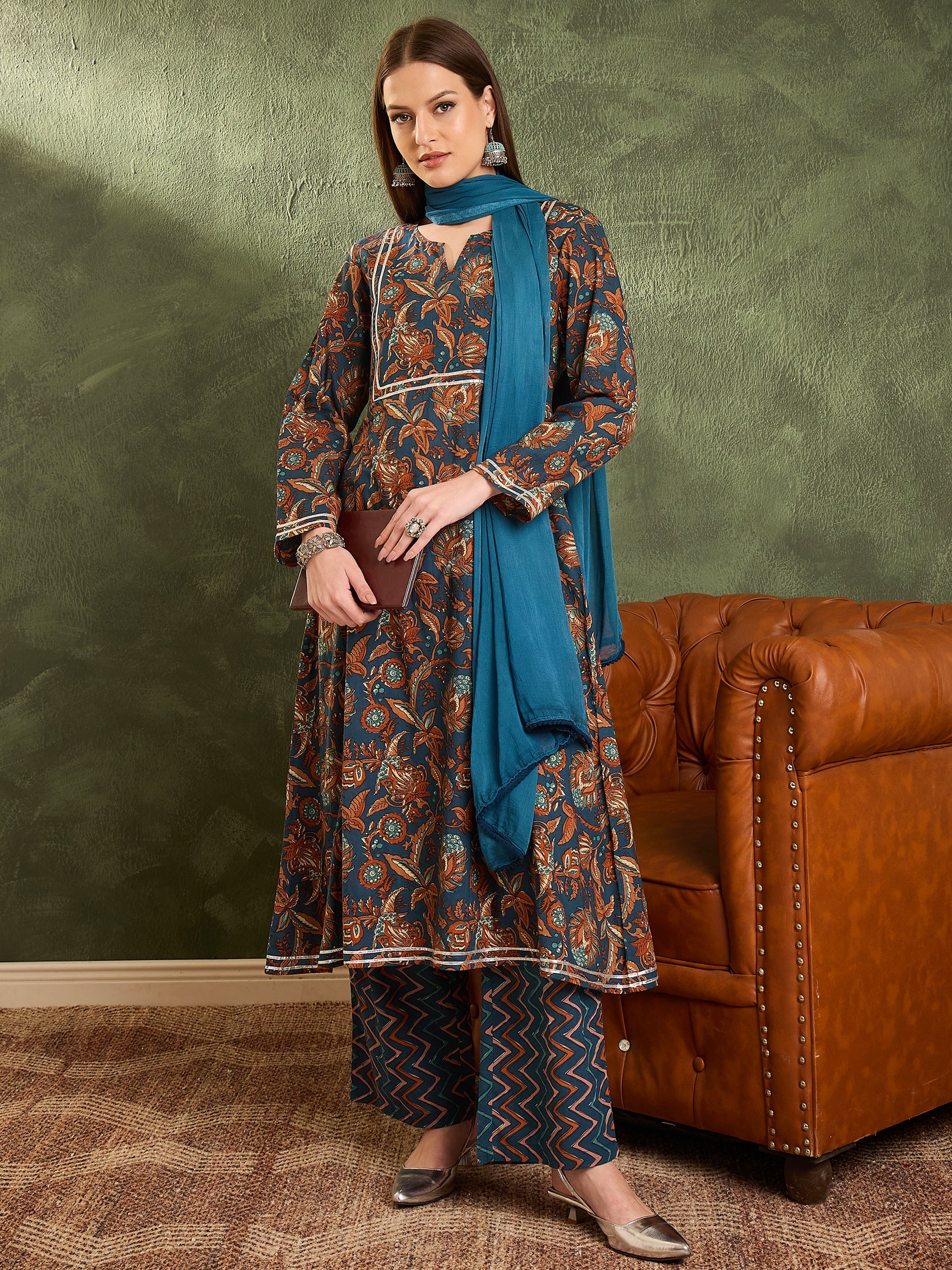 Women Teal Floral Front Yoke Kurta Set with Dupatta-SHSET96472