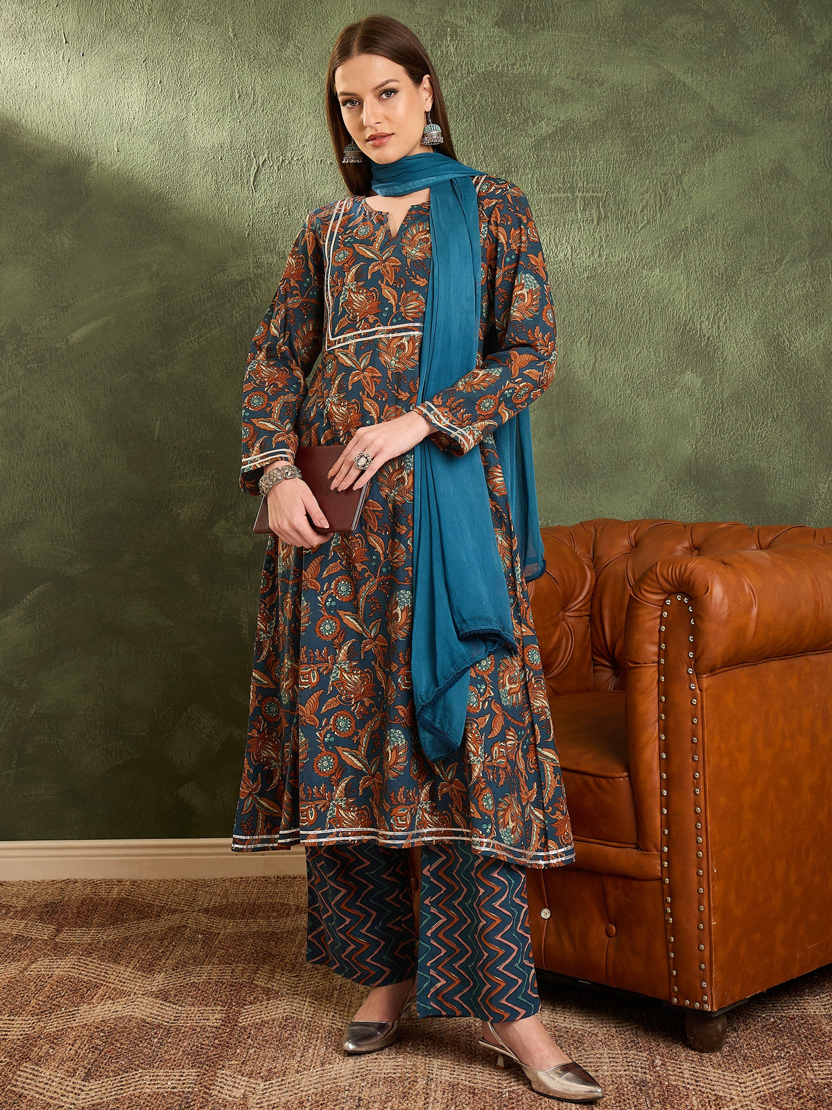 Women Teal Floral Front Yoke Kurta Set with Dupatta-SHSET96472