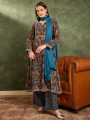 Women Teal Floral Front Yoke Kurta Set with Dupatta-SHSET96472