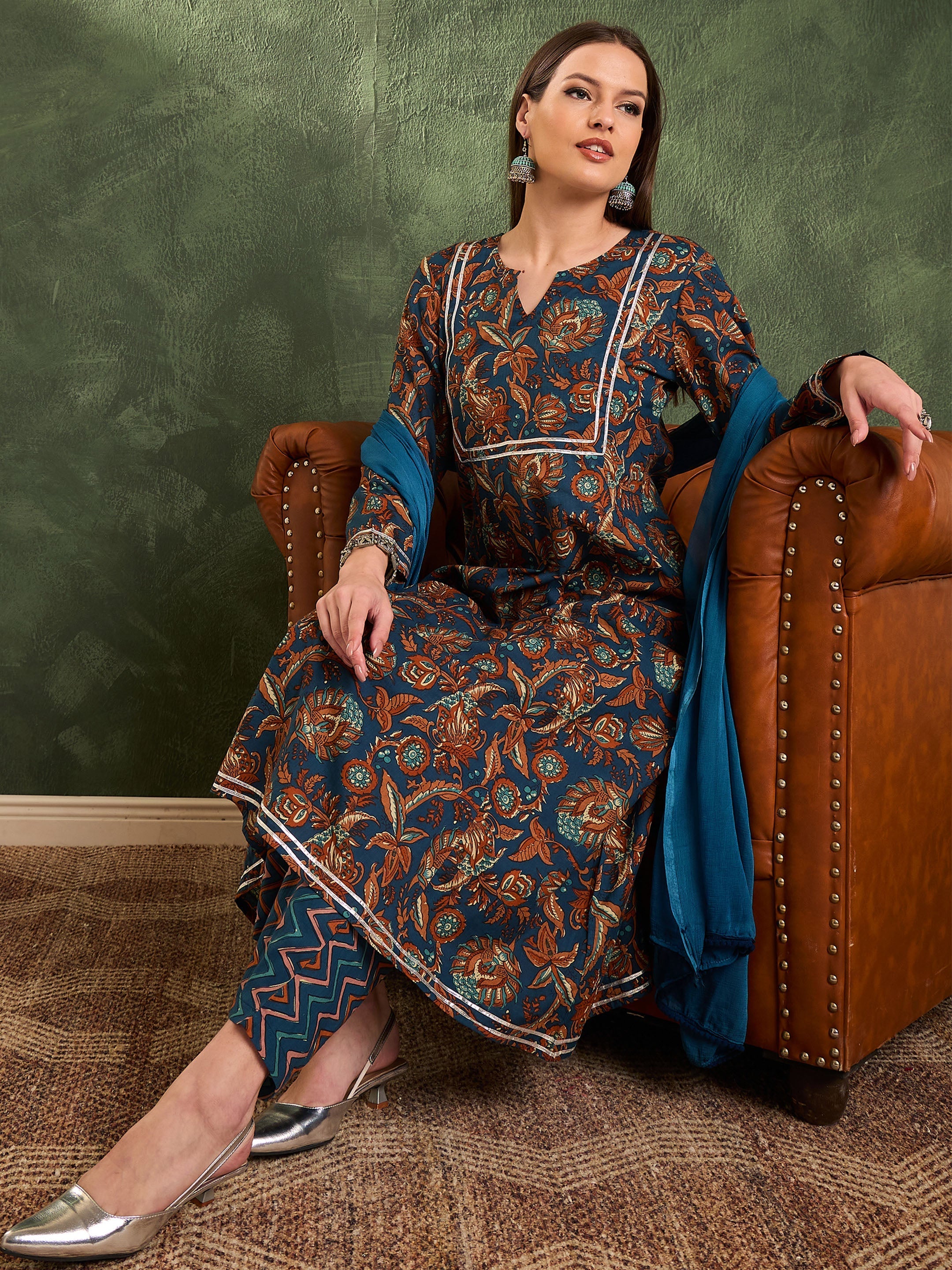 Women Teal Floral Front Yoke Kurta Set with Dupatta-SHSET96472