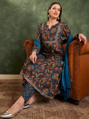 Women Teal Floral Front Yoke Kurta Set with Dupatta-SHSET96472
