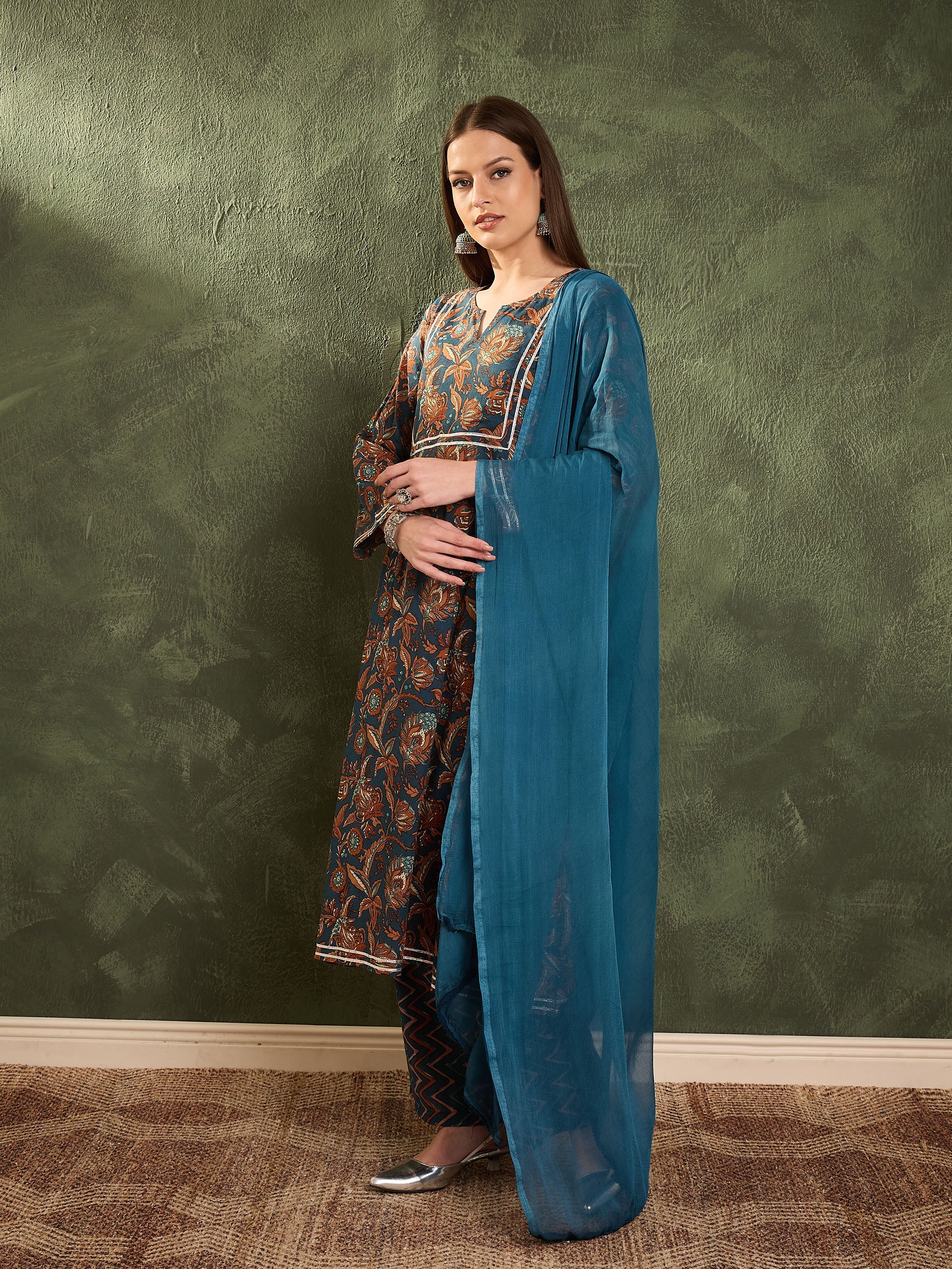 Women Teal Floral Front Yoke Kurta Set with Dupatta-SHSET96472