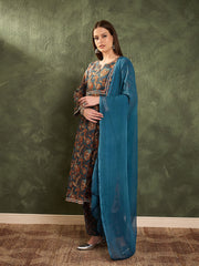 Women Teal Floral Front Yoke Kurta Set with Dupatta-SHSET96472