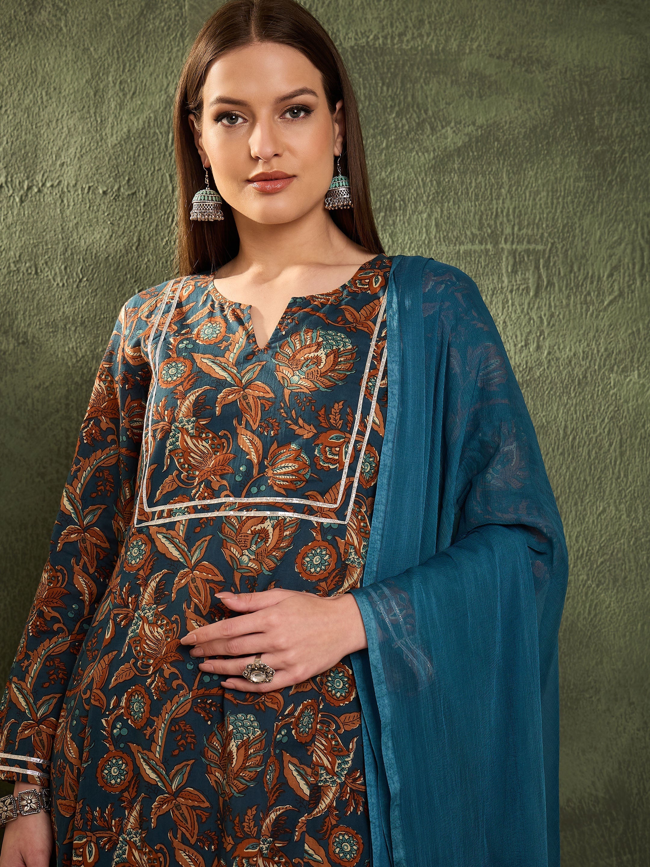 Women Teal Floral Front Yoke Kurta Set with Dupatta-SHSET96472