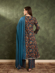 Women Teal Floral Front Yoke Kurta Set with Dupatta-SHSET96472