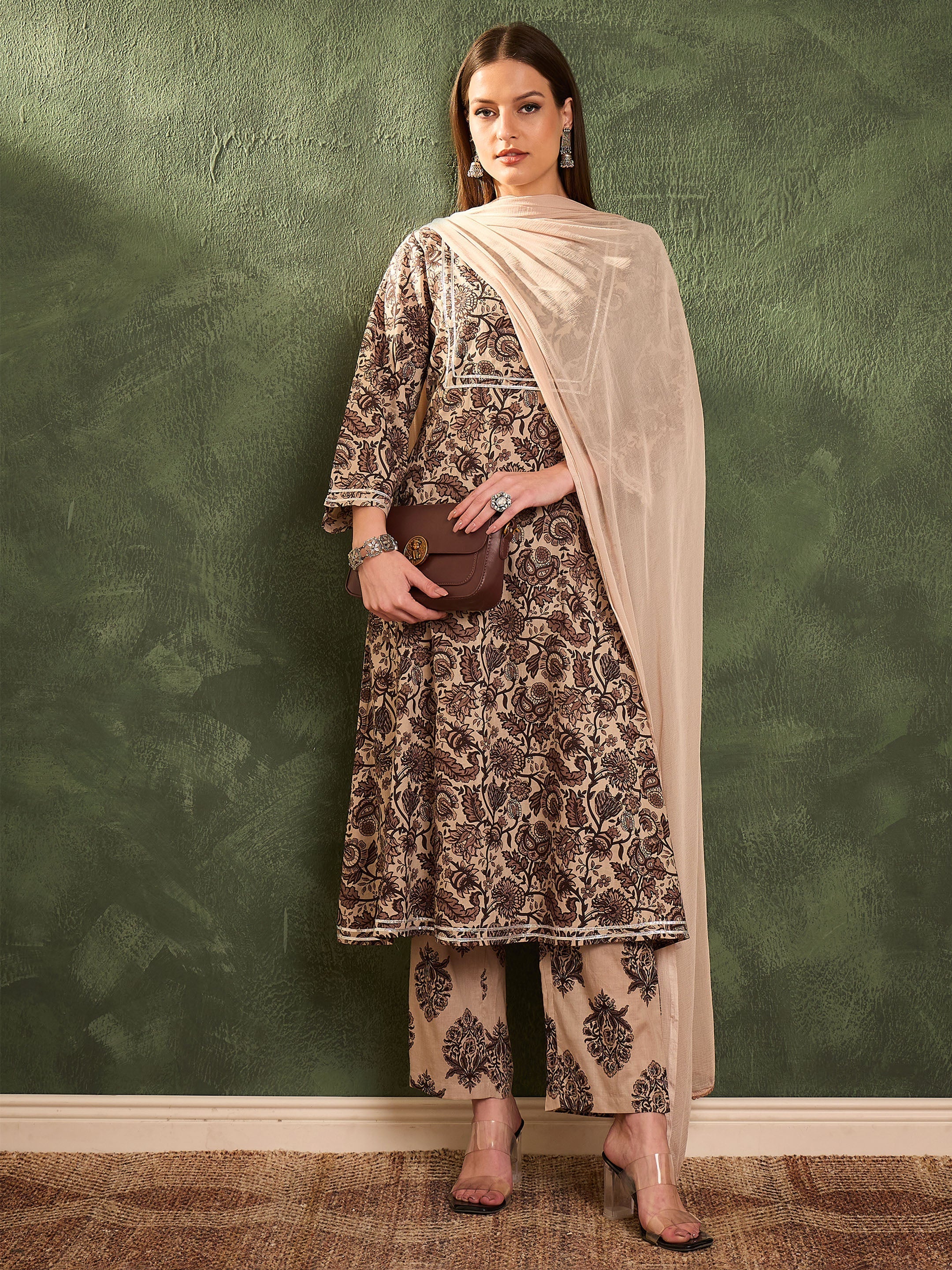 Women Brown & Beige Floral Yoke Kurta Set with Dupatta-SHSET96473