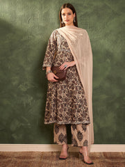 Women Brown & Beige Floral Yoke Kurta Set with Dupatta-SHSET96473