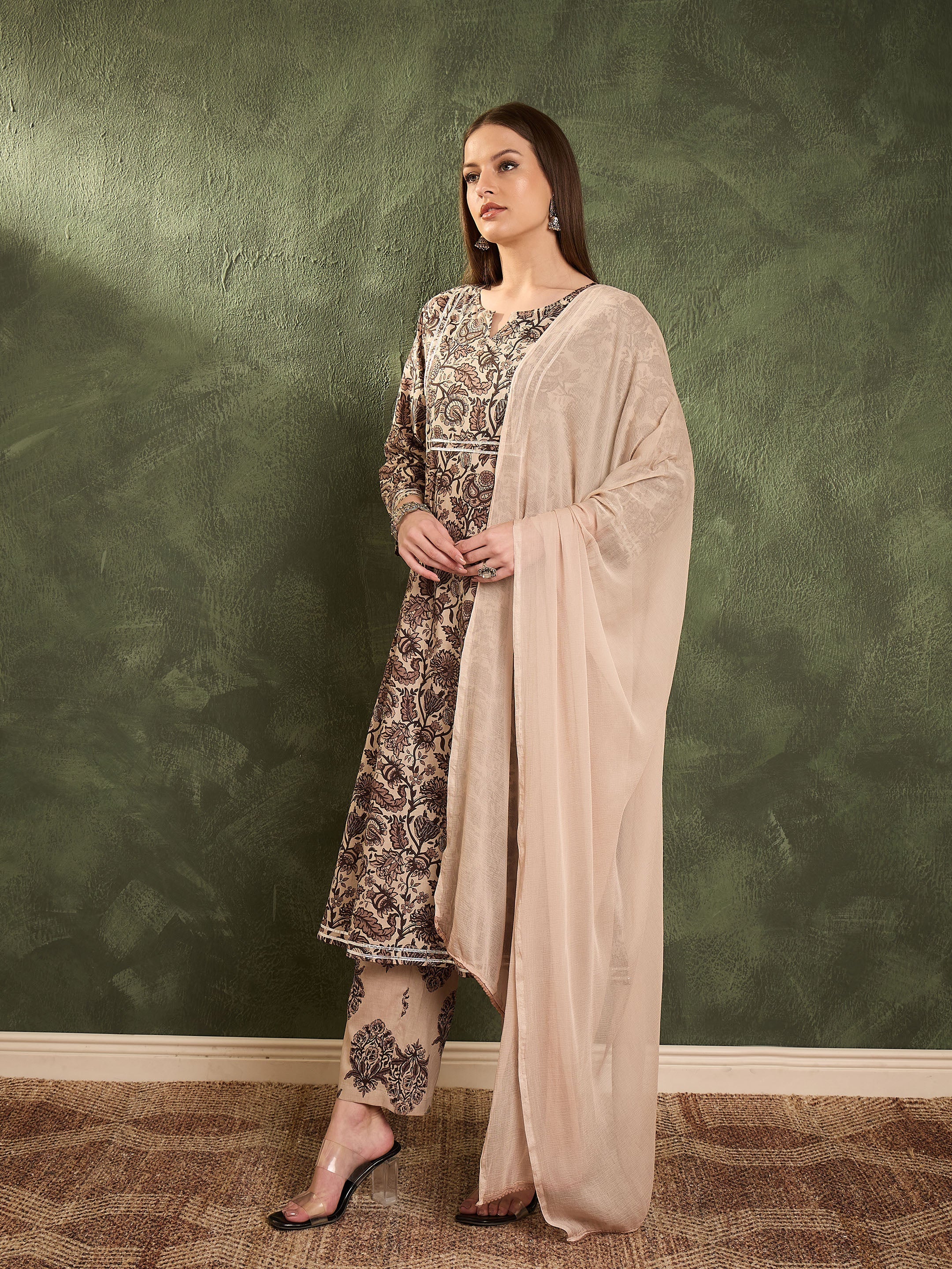 Women Brown & Beige Floral Yoke Kurta Set with Dupatta-SHSET96473