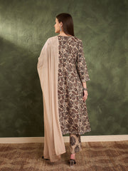 Women Brown & Beige Floral Yoke Kurta Set with Dupatta-SHSET96473