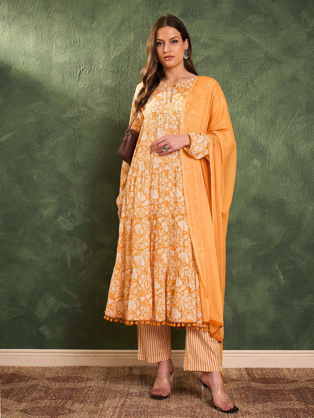 Women Yellow Floral Tiered Anarkali Kurta Set with Dupatta-SHSET96478