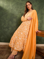 Women Yellow Floral Tiered Anarkali Kurta Set with Dupatta-SHSET96478