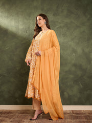 Women Yellow Floral Tiered Anarkali Kurta Set with Dupatta-SHSET96478