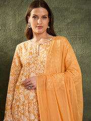 Women Yellow Floral Tiered Anarkali Kurta Set with Dupatta-SHSET96478