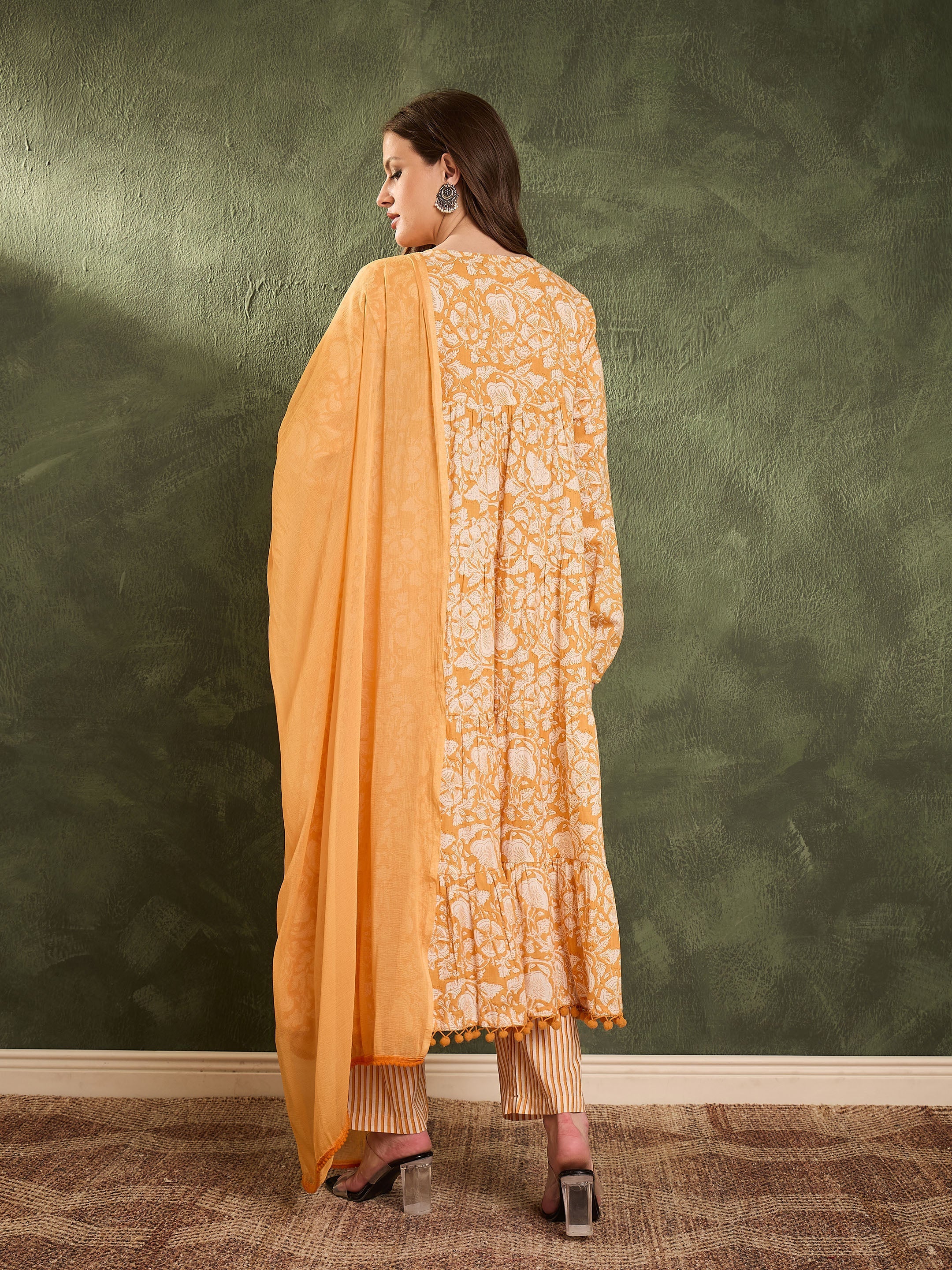 Women Yellow Floral Tiered Anarkali Kurta Set with Dupatta-SHSET96478