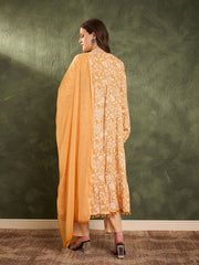 Women Yellow Floral Tiered Anarkali Kurta Set with Dupatta-SHSET96478