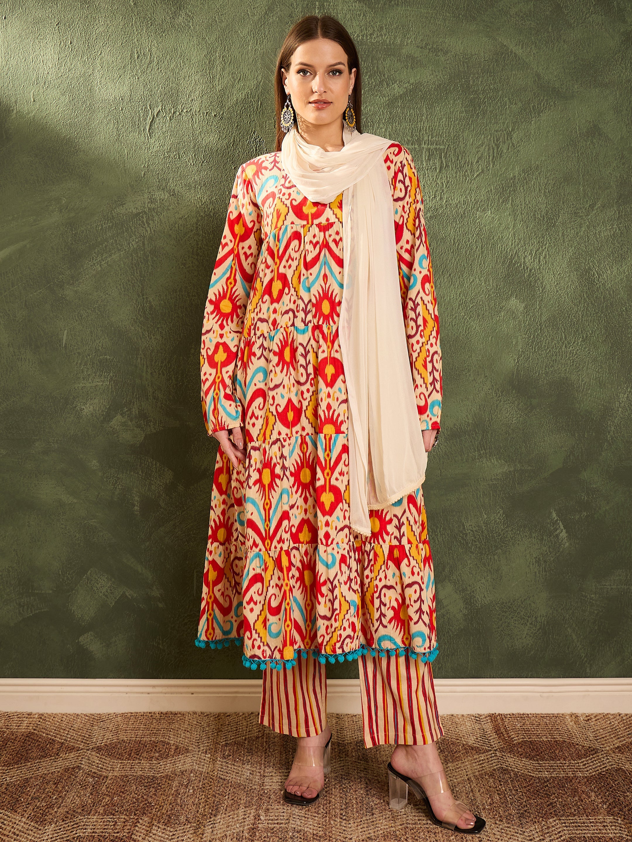 Women Red & Beige Ikat Tiered Anarkali Kurta Set with Dupatta-SHSET96479