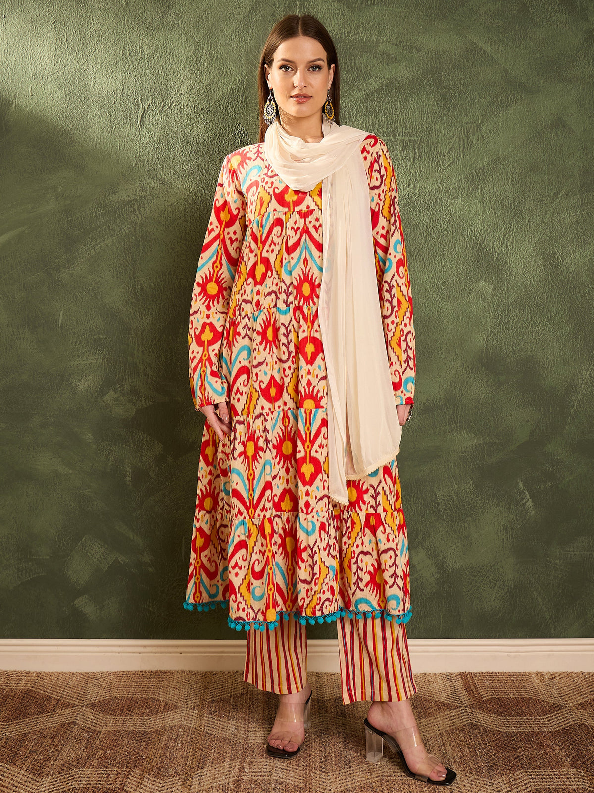 Women Red & Beige Ikat Tiered Anarkali Kurta Set with Dupatta-SHSET96479