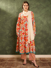 Women Red & Beige Ikat Tiered Anarkali Kurta Set with Dupatta-SHSET96479